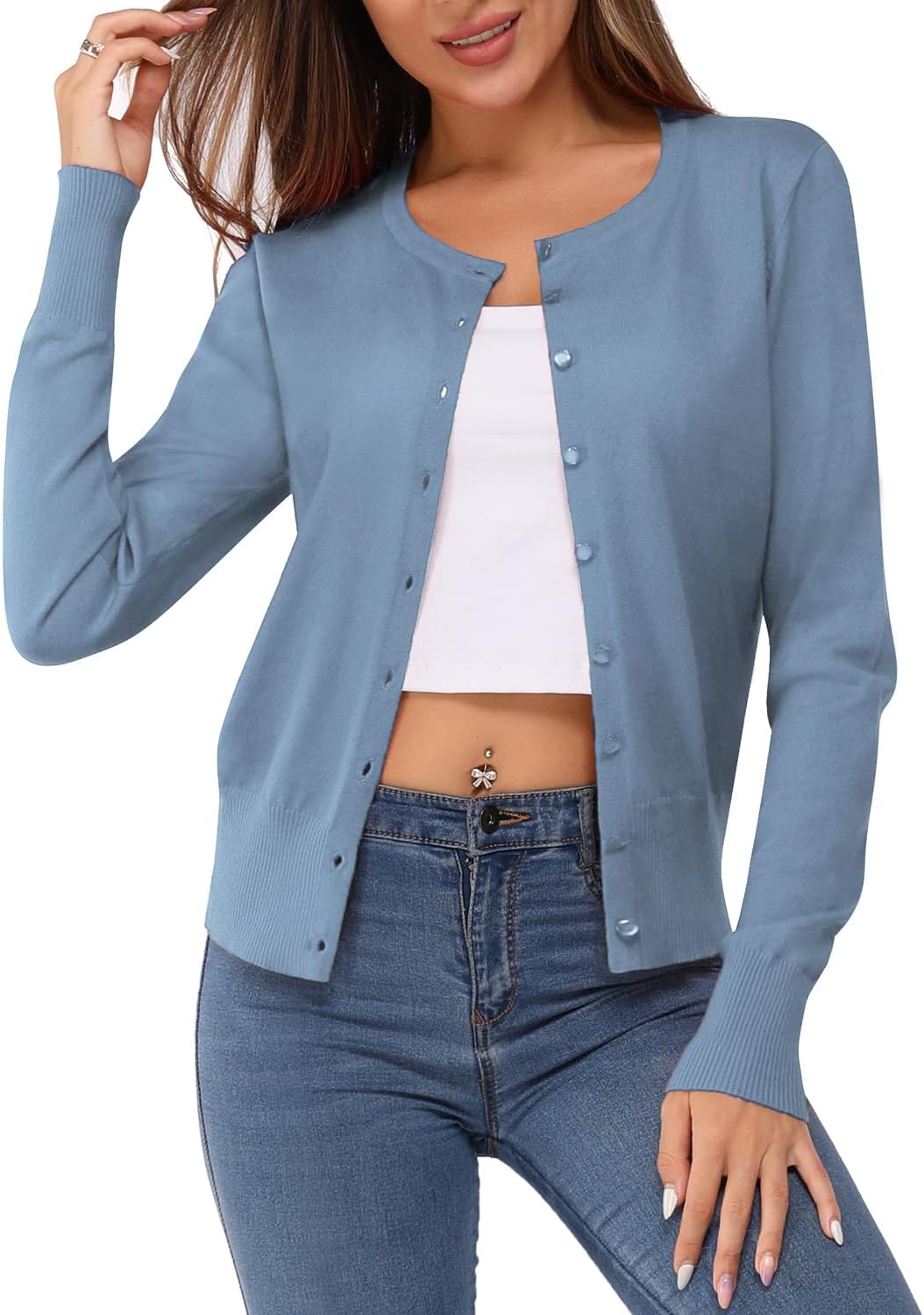 Newshows Women's Lightweight Button Down Cardigan Long Sleeve Casual Crew Neck Soft Knit Cardigans Sweater Tops