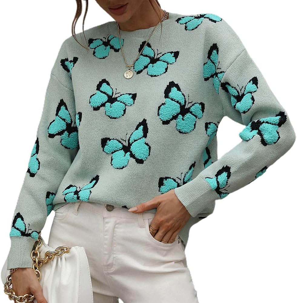 JUNBOON Women’s Casual Leopard Print Knitted Pullover Sweaters Long Sleeve Crew Neck Jumper Tops