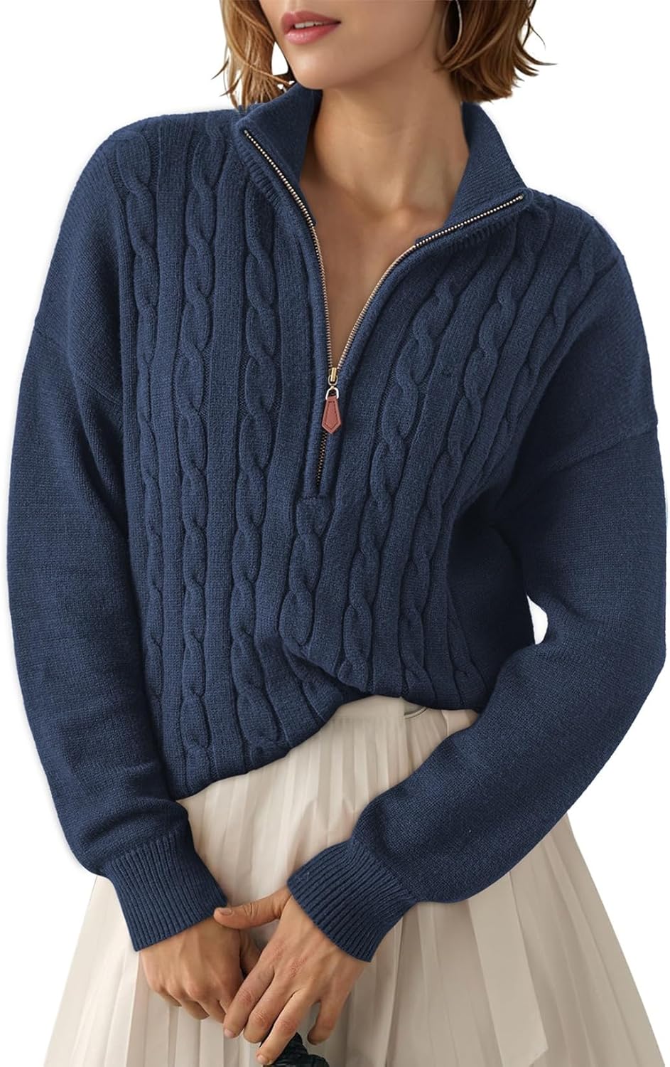 Dokotoo Women's Sweaters 2025 Fall Winter Quarter Zip Casual Ribbed Cable Knit Pullover