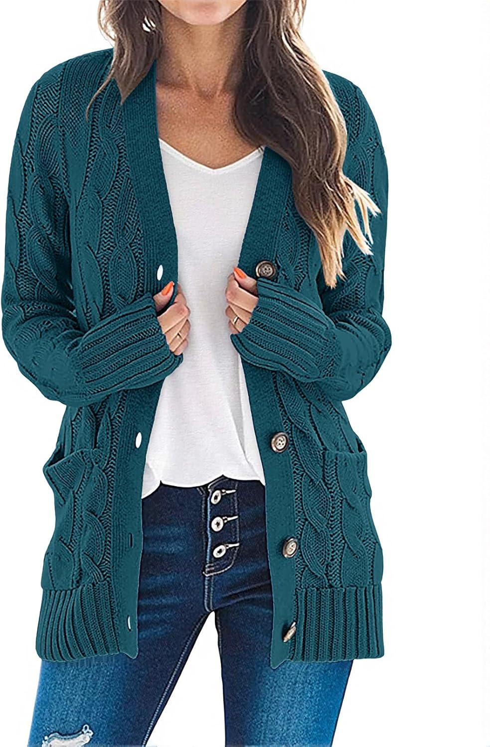 MEROKEETY Women's 2025 Fall Long Sleeve Cable Knit Sweater Open Front Cardigan Button Loose Outerwear