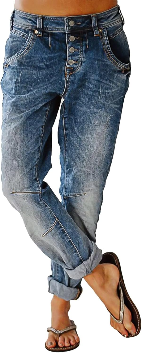 Flamingals Women's Stretchy Straight Leg Casual Low Rise Jeans Wash Button Fly Stitch Detail 90s Trendy Denim Jeans