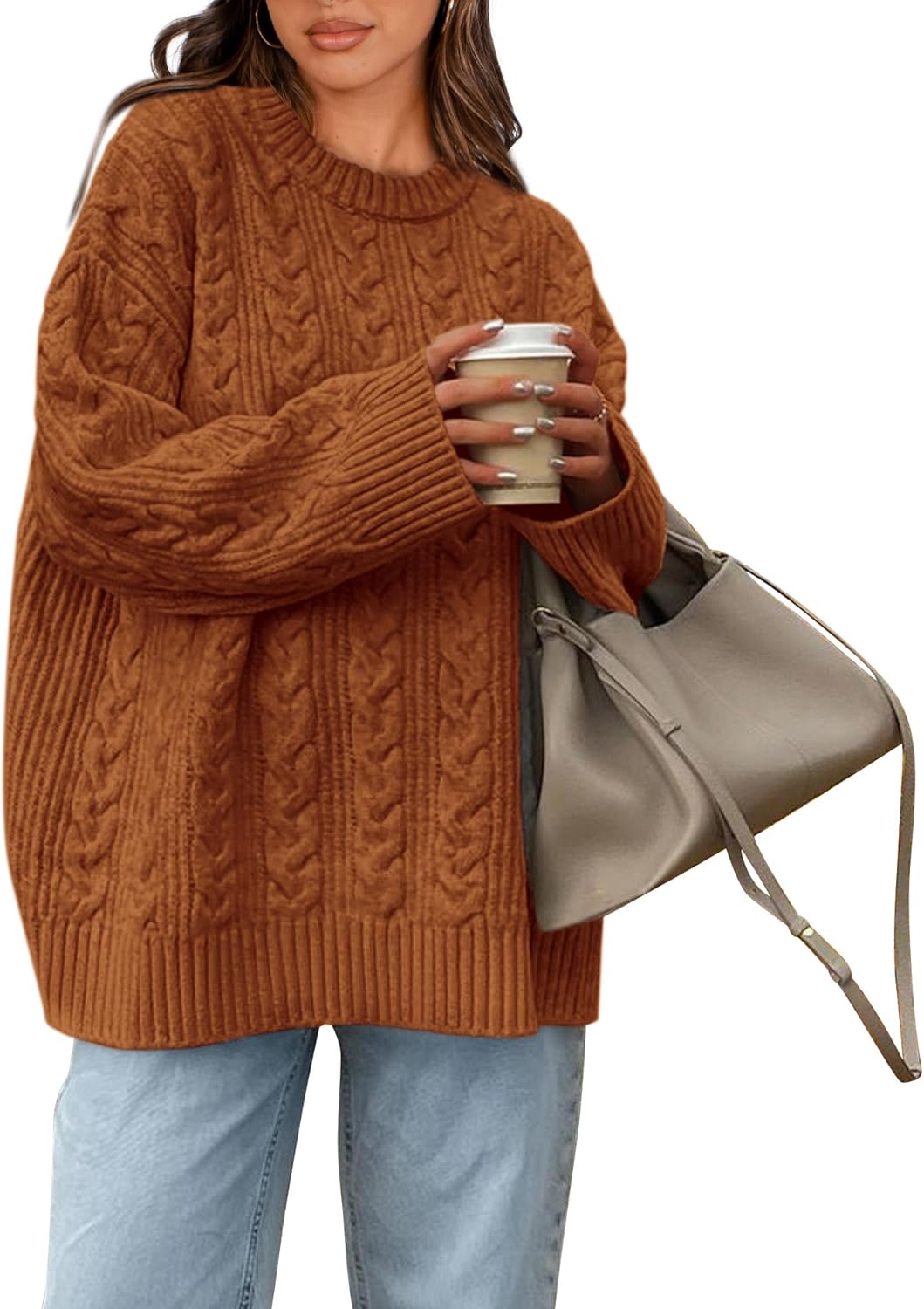 Okiwam Women's Oversized Sweaters Crewneck Cable Knit Pullover Casual Loose Fall Outfits Fashion Clothes 2025