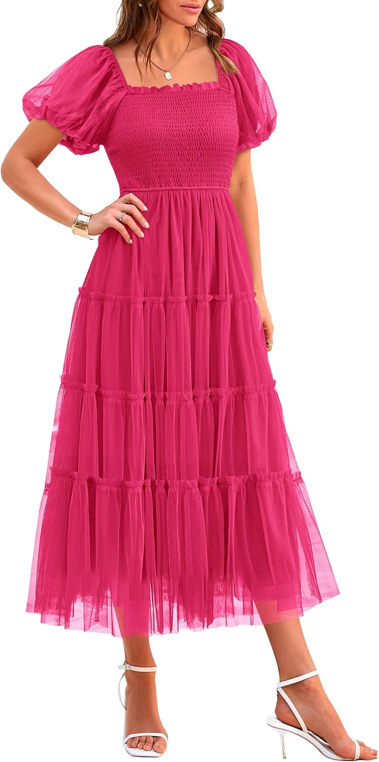 PRETTYGARDEN Women's Smocked Midi Tulle Dress 2025 Summer Puffy Short Sleeve Square Neck Ruffle Wedding Guest Party Dresses