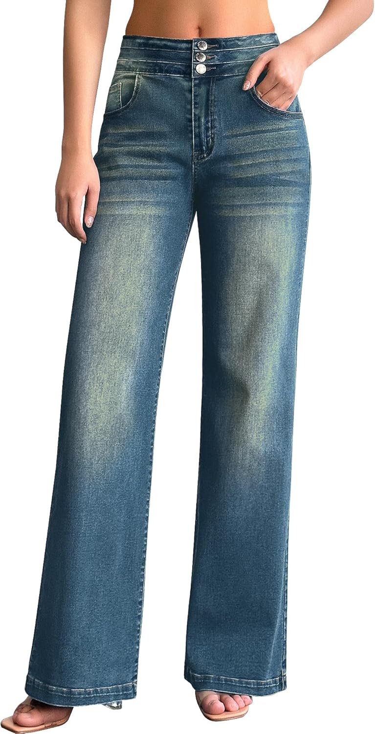roswear Women's Wide Leg Jeans Casual High Waisted Stretch Baggy Loose Denim Pants