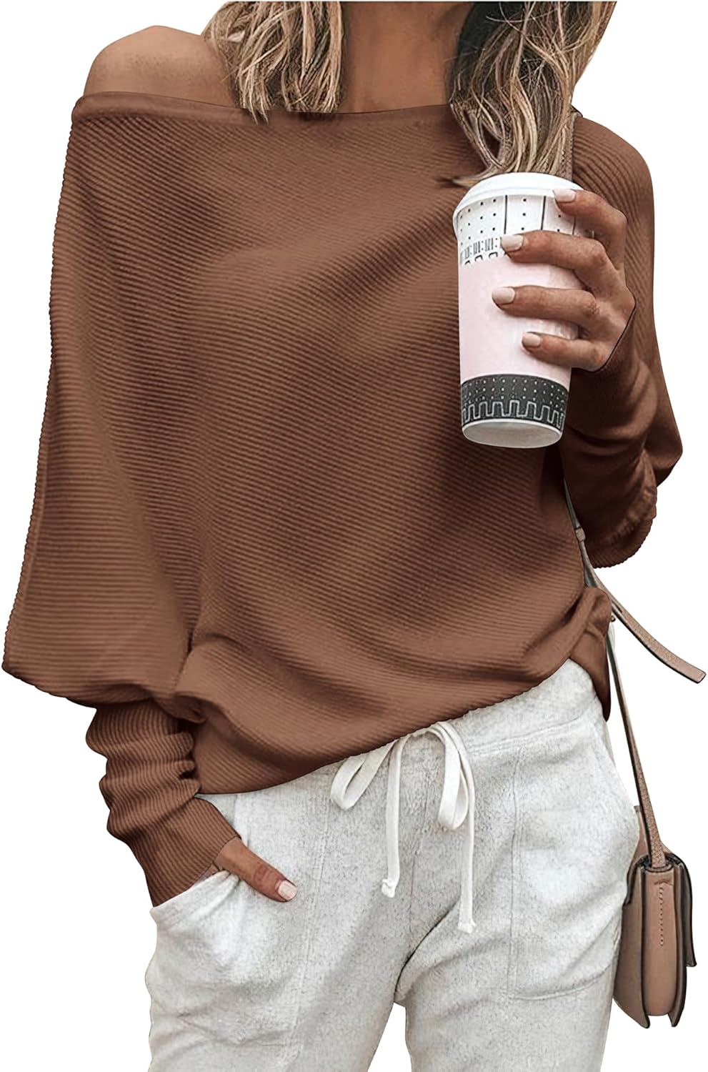 Zenlonr Women's Fall Sweaters 2025 Casual Long Batwing Sleeve Loose Off Shoulder Knit Pullovers Jumper Tops