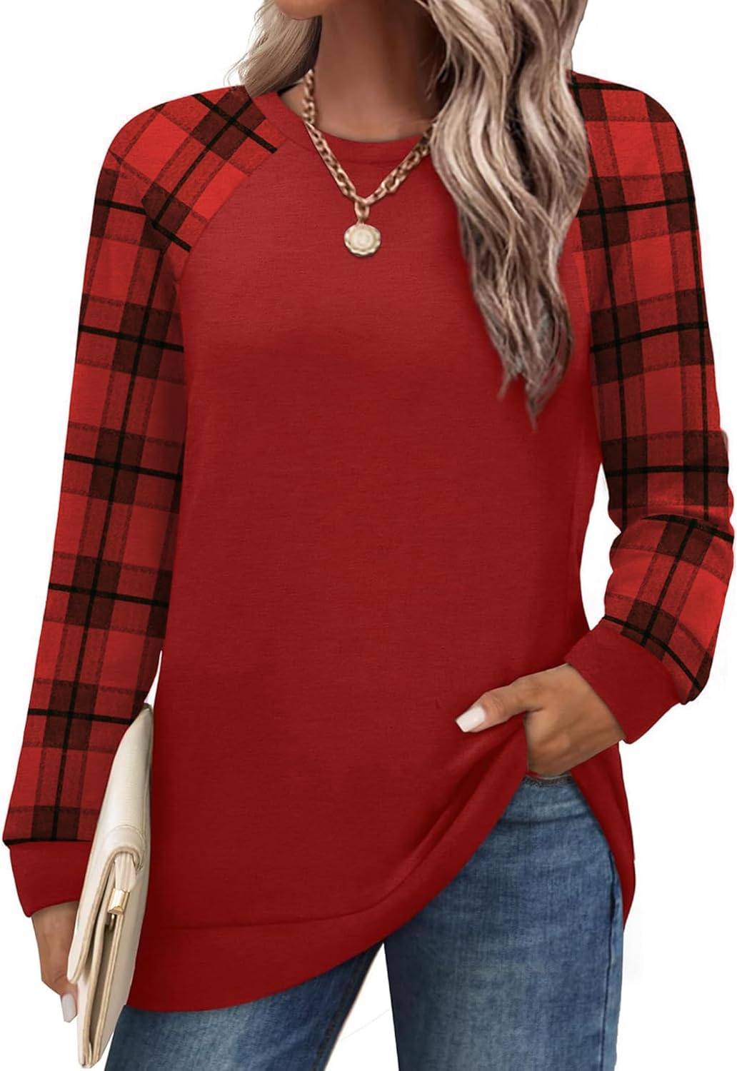 Saloogoe Tunic Sweatshirts for Women Crewneck Lightweight Sweaters Raglan Long Sleeve Shirts Fall Fashion Tops 2025