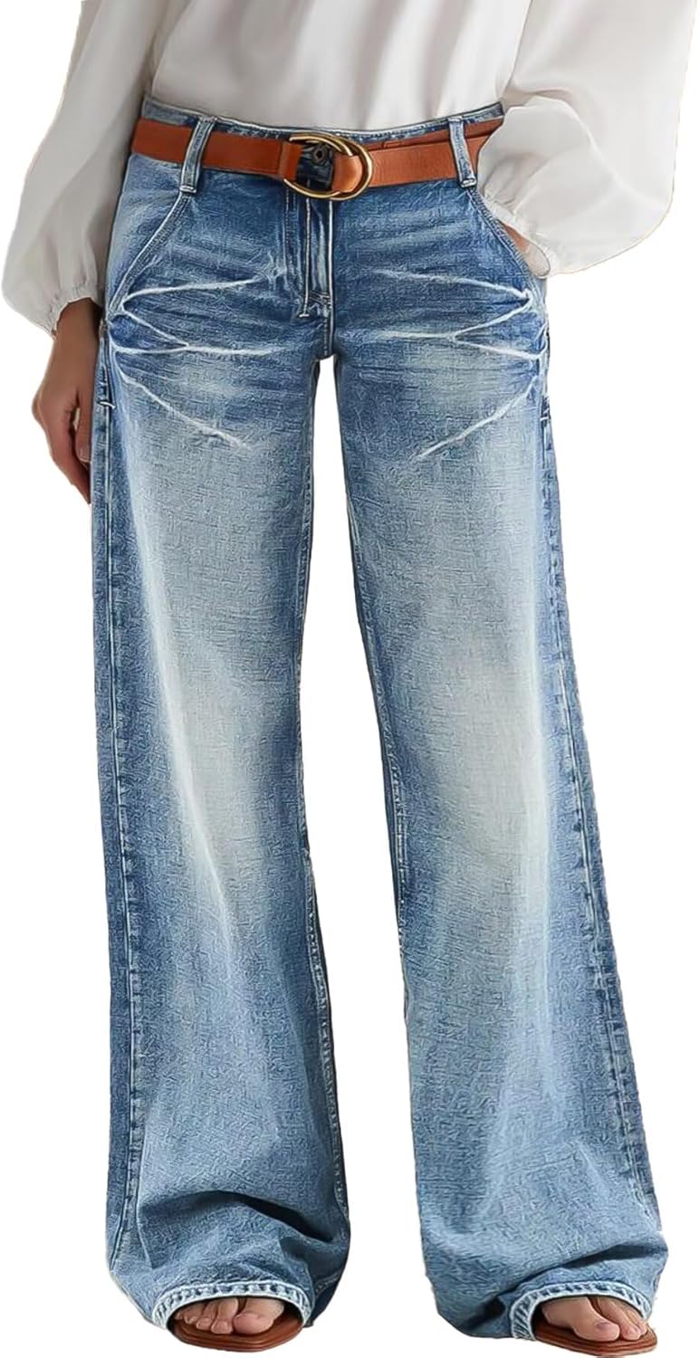 Flamingals Wide Leg Jeans for Women Mid Waist Baggy Stitch Decor Denim Washed Pants Without Belt