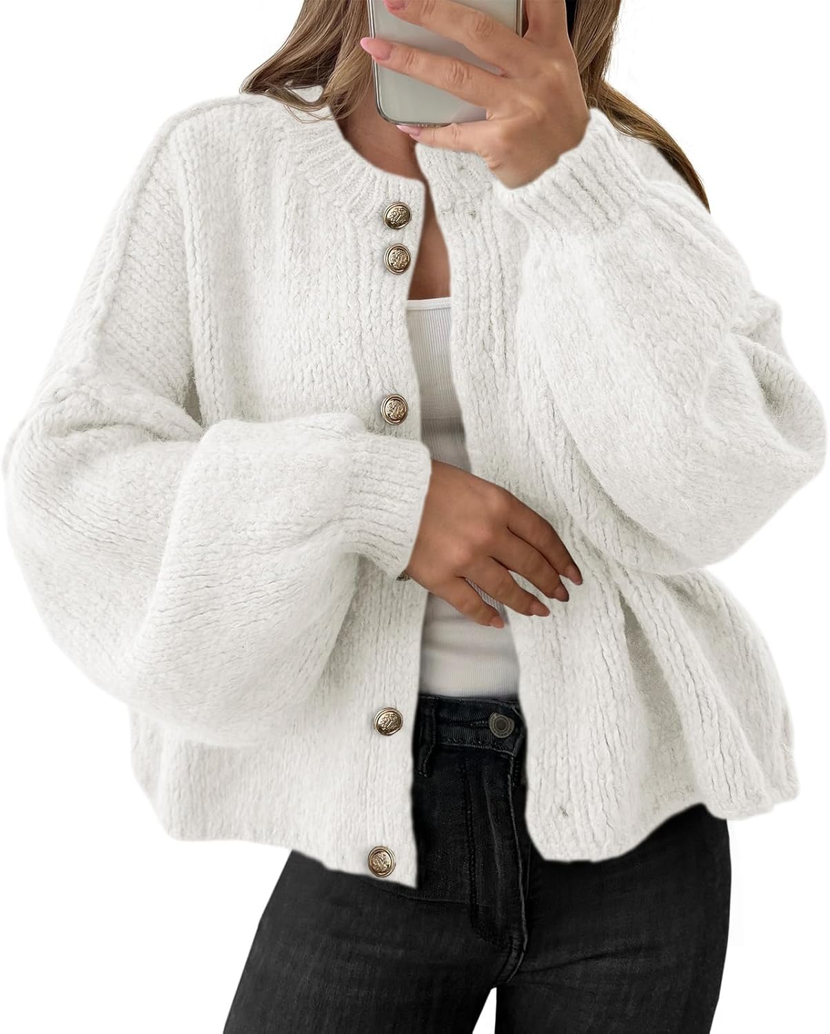 Saodimallsu Womens Oversized Cardigans Button Up Long Lantern Sleeve Chunky Knit Casual Soft Fall Sweater Coats