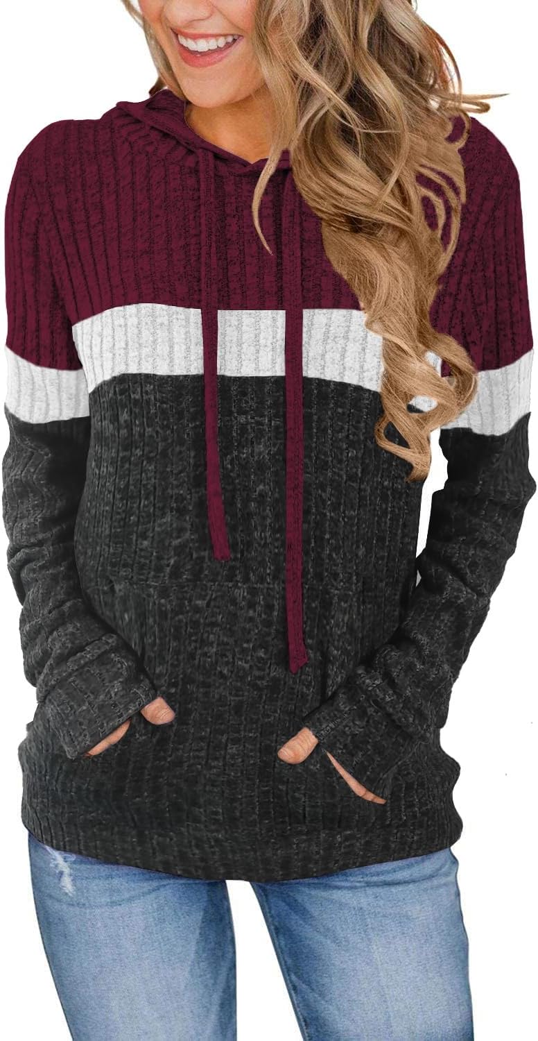 MixShe Women’s Color Block Knit Hoodie – Casual Long Sleeve Pullover Sweater Tops with Pocket