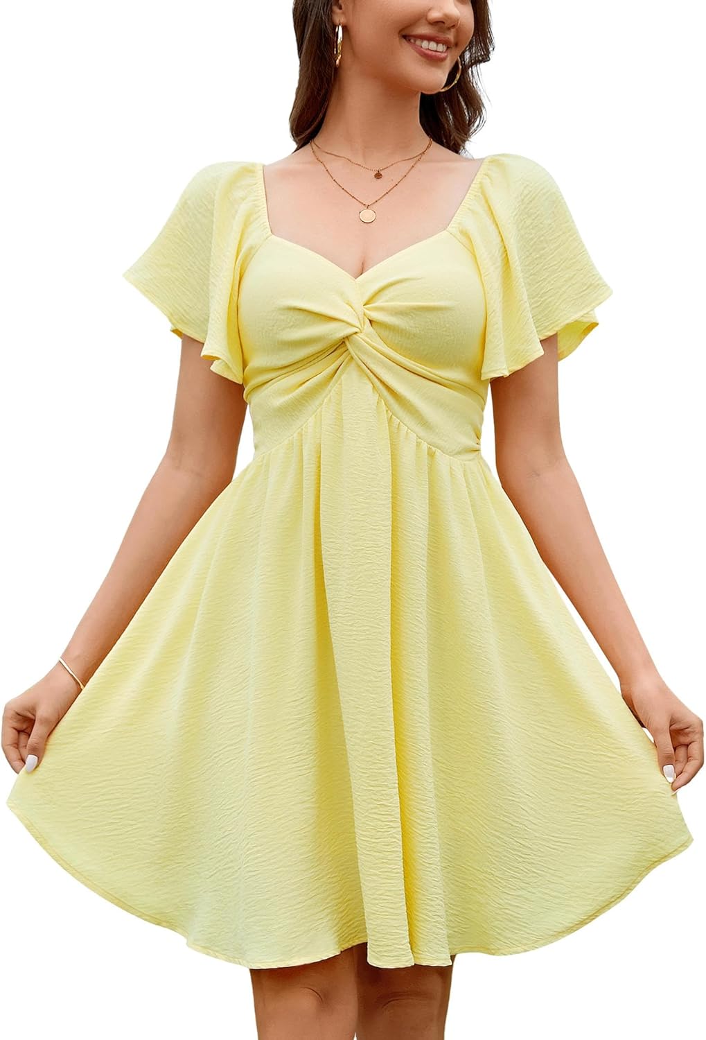 Florboom Women's Sweetheart Knot Front Dress Flutter Sleeve Tie Back A-Line Chiffon Mini Dresses