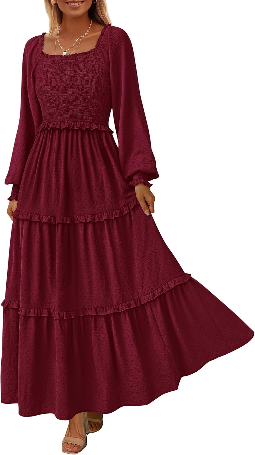 PRETTYGARDEN Fall Dresses for Women 2025 Long Sleeve Smocked Square Neck Swiss Dot Tiered Flowy Wedding Guest Maxi Dress