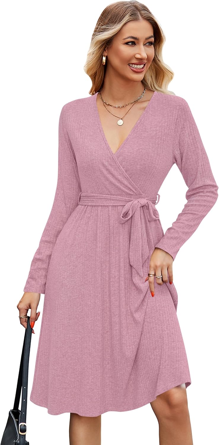 Newshows Womens 2025 Fall Dresses Teacher Church Business Casual Work Outfits Knit Midi Sweater Pockets Belt Dress