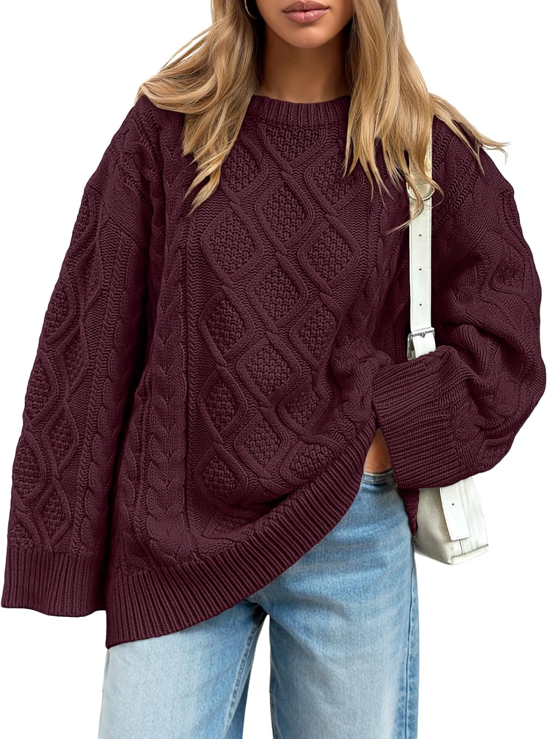 Trendy Queen Women's Oversized Cable Knit Crewneck Sweaters Cozy Winter Clothes