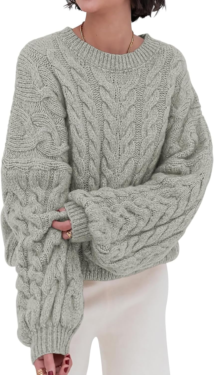 PRETTYGARDEN Womens Sweaters Fall 2025 Cable Knit Long Sleeve Crewneck Oversized Sweater Chunky Pullover Loose Outfits