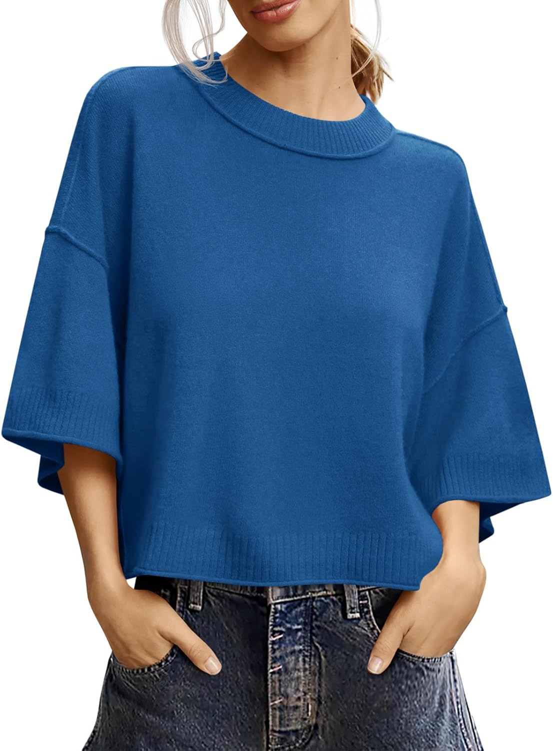 Saodimallsu Womens Short Sleeve Sweater Summer Oversized Cropped Sweaters Casual Crewneck Lightweight Knit Tops