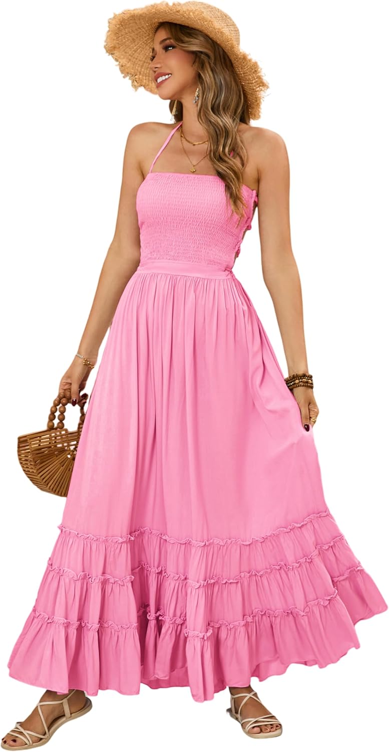 R.Vivimos Womens Summer Boho Sexy Backless Long Dresses