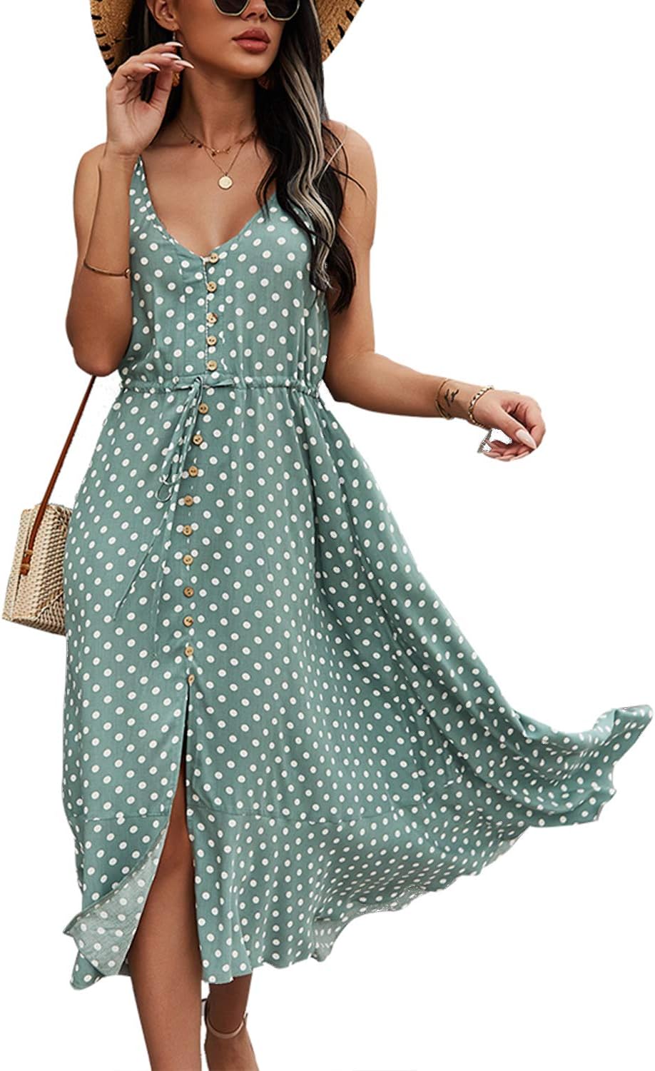 BROVAVE Women's 2025 Summer Casual Boho Sundress Polka Dot Spaghetti Strap V Neck Flowy Midi Dresses