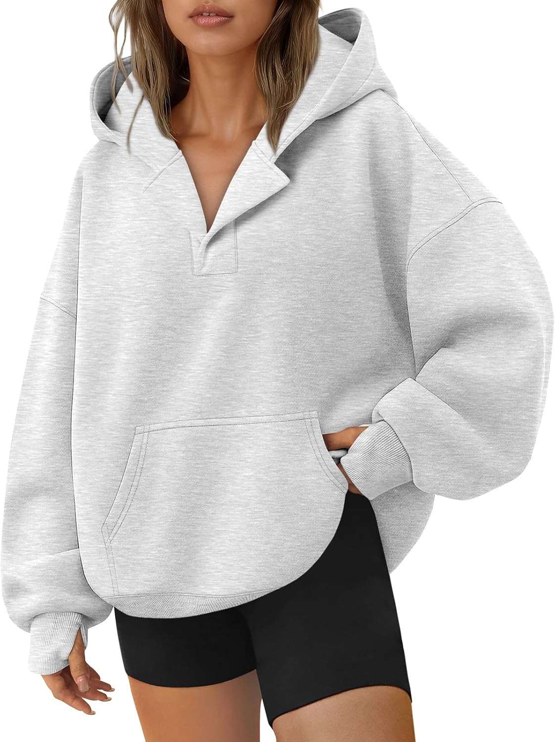 Trendy Queen Womens Oversized V Neck Hoodies with Thumb Hole Pullover Sweatshirts Y2k Clothes Fall Fashion Outfits 2025