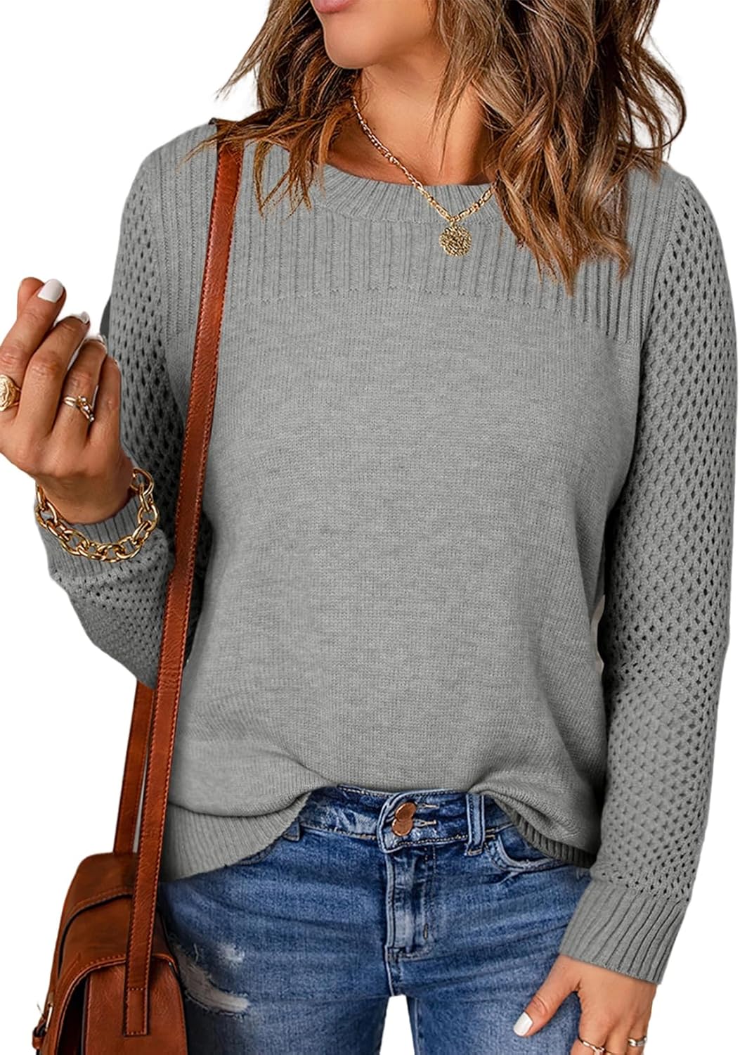 EVALESS Womens Sweaters Casual Long Sleeve Crewneck Cable Knit Lightweight Oversized Crochet Sweater Pullover Tops