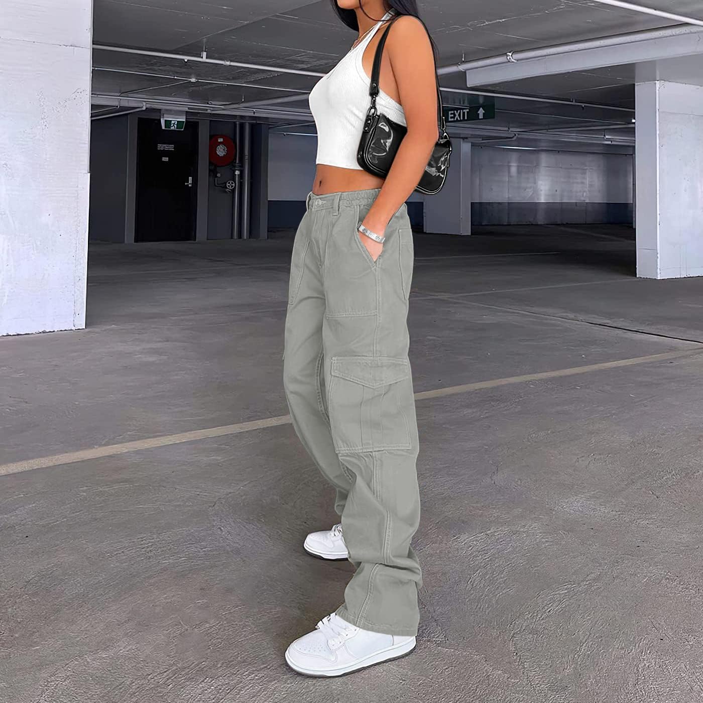 Lepunuo Cargo Pants for Women High Waisted Casual Pants Baggy Stretchy Wide Leg Y2K Streetwear with 6 Pockets