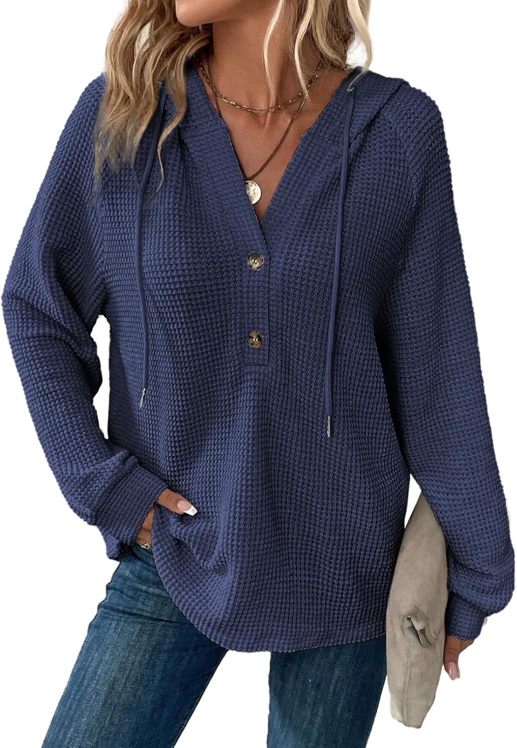 Dokotoo Hoodies for Women Waffle Knit Long Sleeve Drawstring Button V Neck Casual Pullover Sweatshirt Hooded Tops