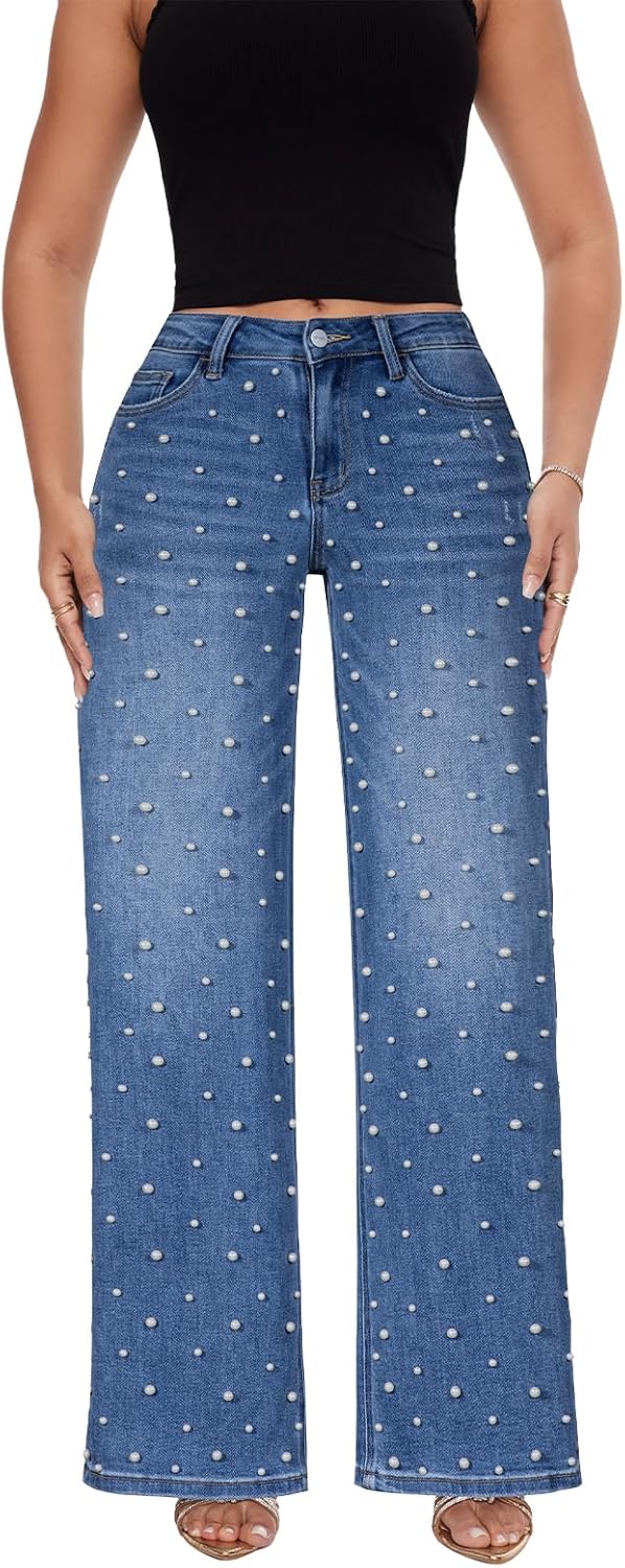 ONESO Mid-Low Rise Baggy Jeans Wide Leg for Women Distressed Pants Stretchy Bottom Lady Basic Comfortable Denim