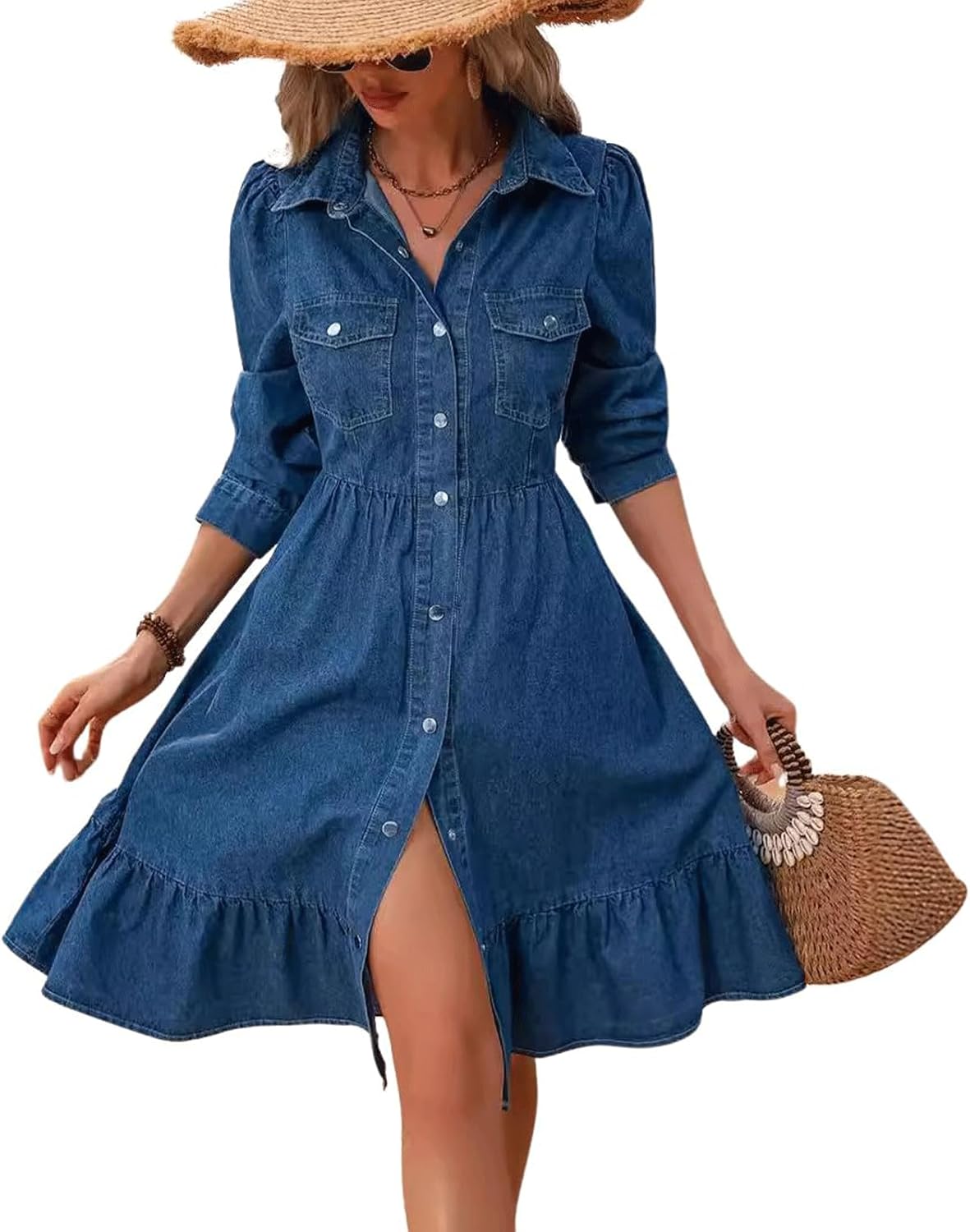 utcoco Women's Flowy Denim Dress 2025 Vacation Lapel Long Puff Sleeve Button Down A Line Swing Ruffle Jean Dress