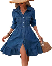 utcoco Women's Flowy Denim Dress 2025 Vacation Lapel Long Puff Sleeve Button Down A Line Swing Ruffle Jean Dress