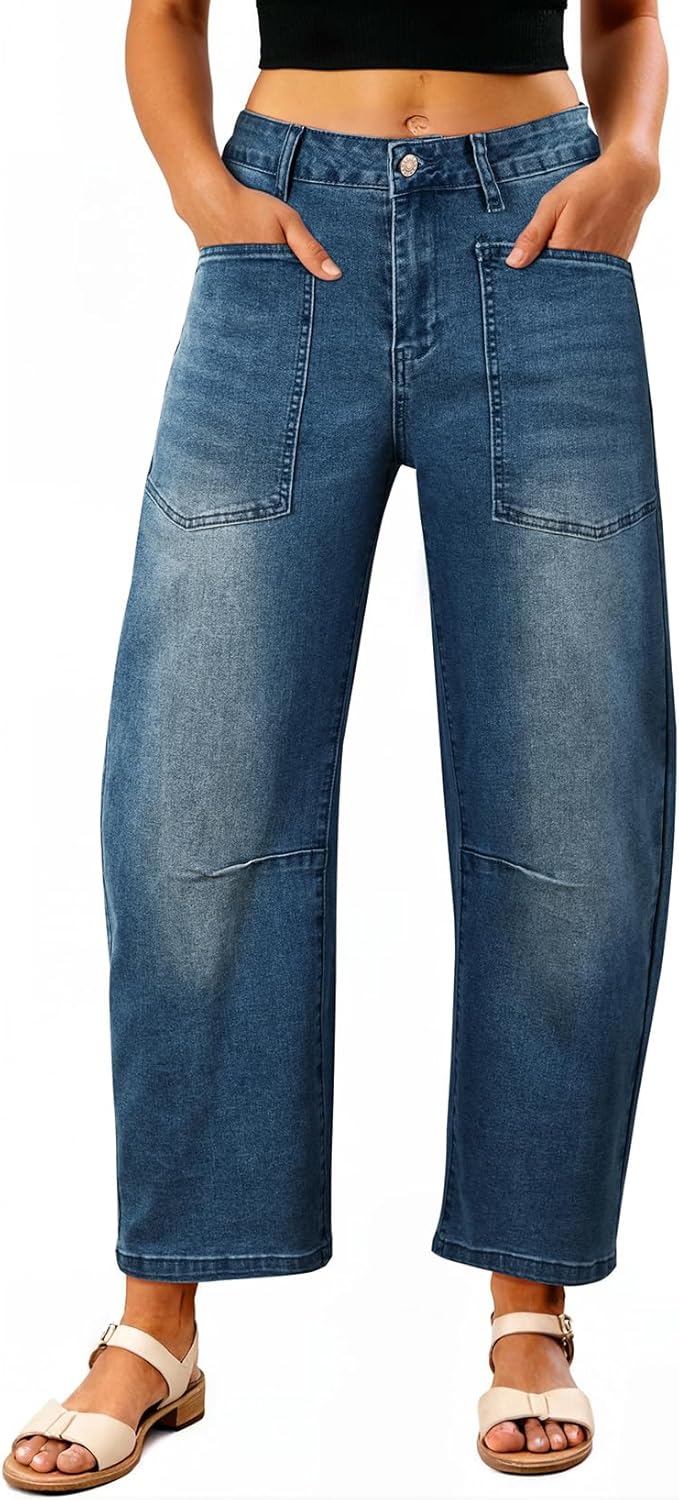 EVALESS Womens Baggy Barrel Jeans High Waisted Wide Leg Boyfriend Denim Ankle Pants