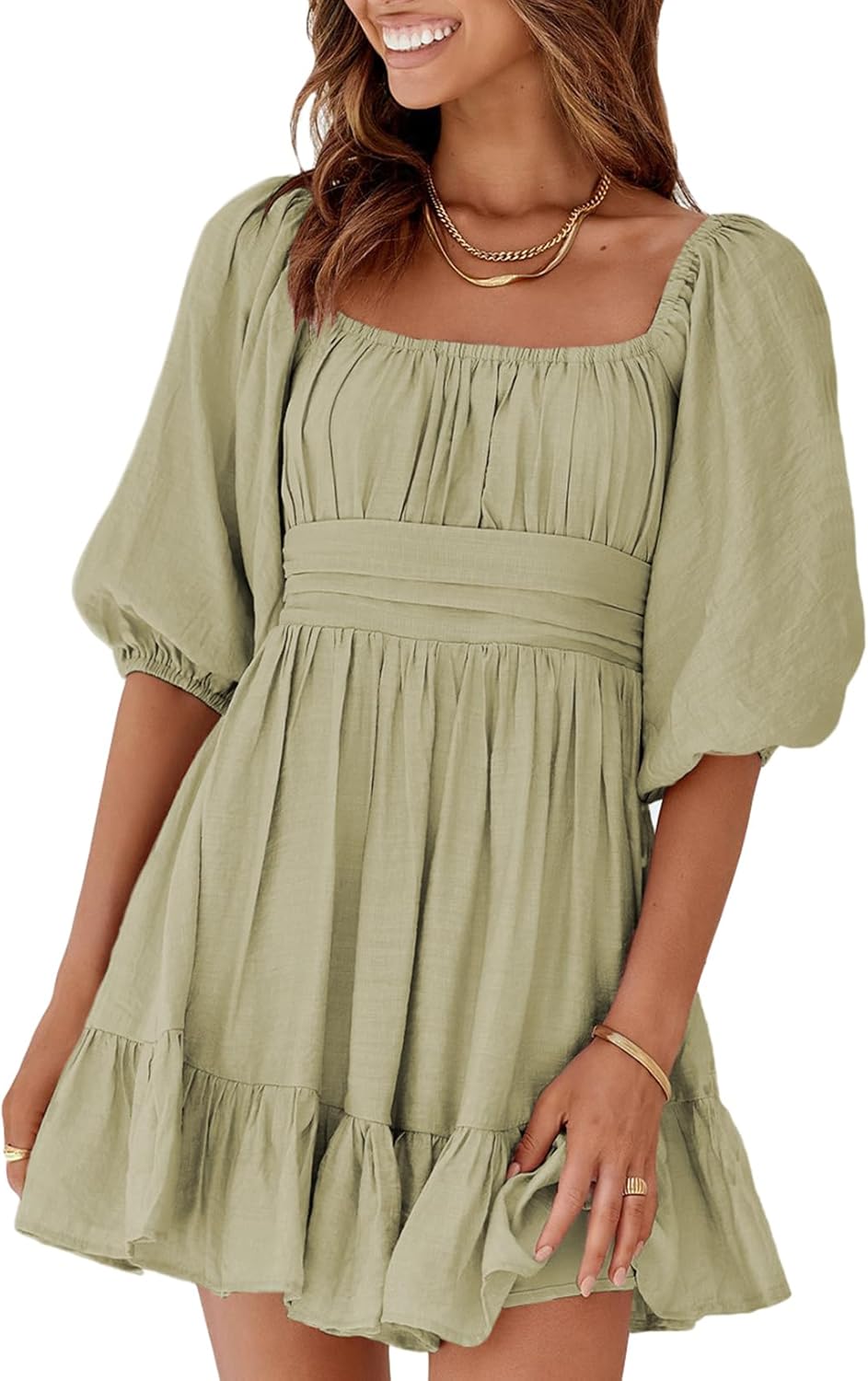 Dokotoo Womens Summer Dresses Square Neck Tie Back Lantern Sleeve Ruffle A-Line Casual Dress