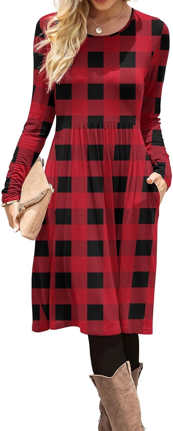 DB MOON Women Casual Long Sleeve Dresses Empire Waist Knee Length Loose Dress with Pockets