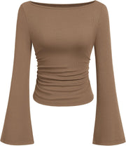 PRETTYGARDEN Women's Long Sleeve Shirts 2025 Fall Crop Going Out Tops Casual Boat Neck Bell Sleeve Ribbed Ruched Y2K Clothes