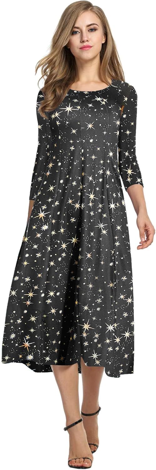 HOTOUCH Women's 3/4 Sleeve A-line and Flare Midi Long Dress