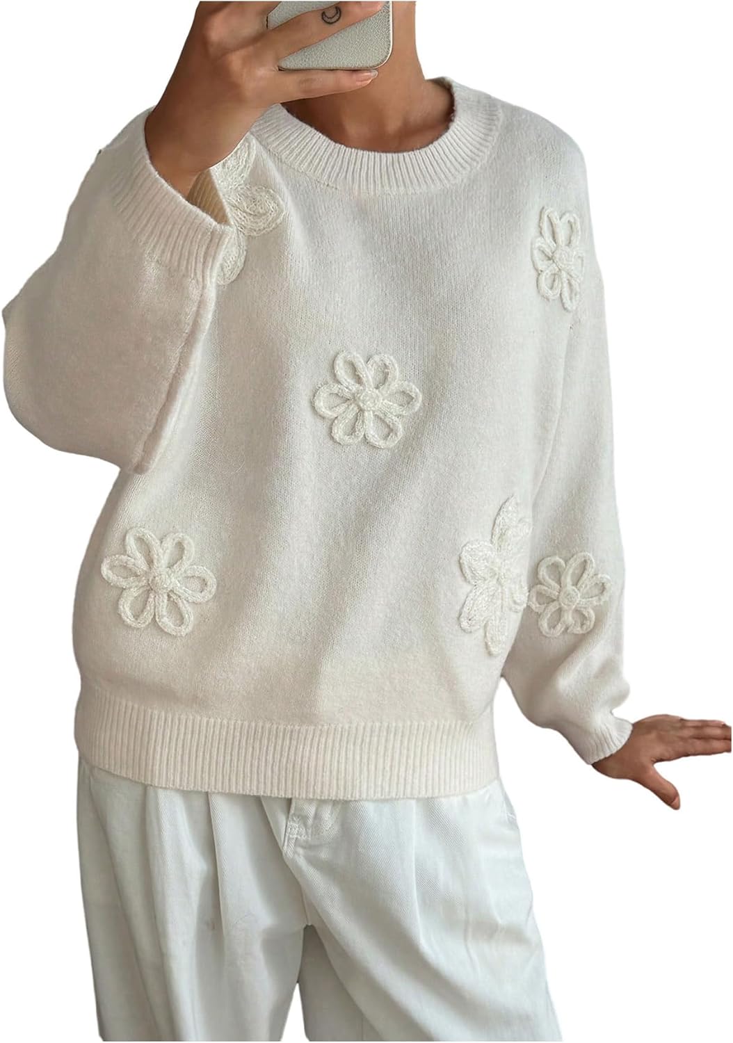 Women's 3D Floral Appliques Crewneck Sweaters Long Sleeve Drop Shoulder Pullovers Elegant Knit Tops