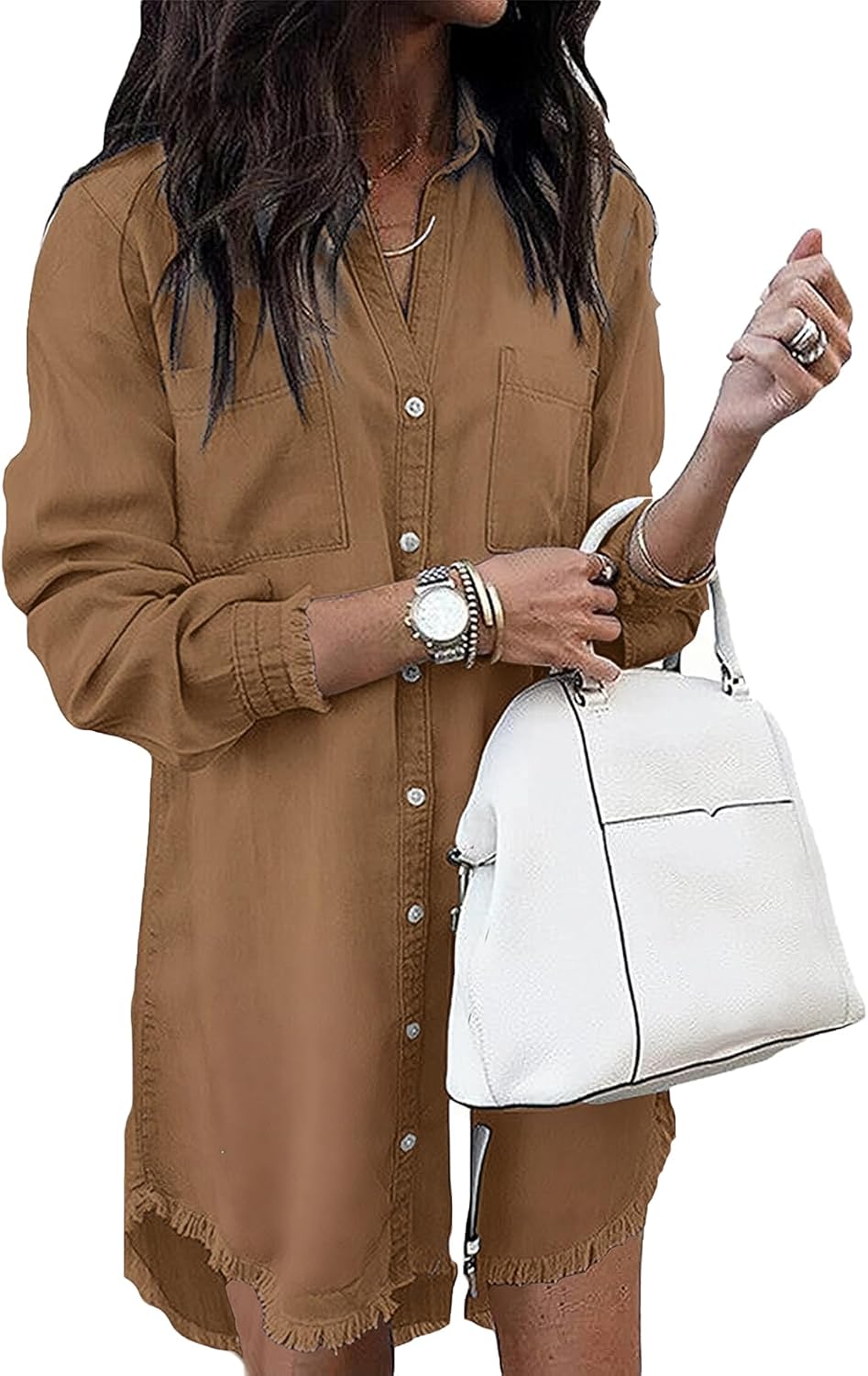 Zilcremo Women Denim Shirt Dresses Long Sleeve Distressed Jean Dress Button Down Casual Tunic Top