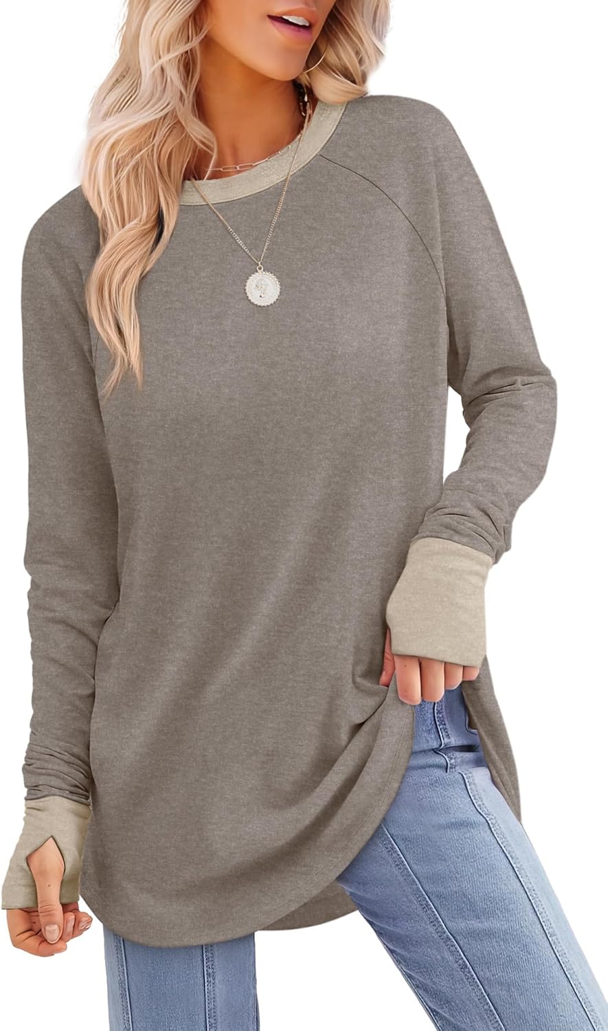 XIEERDUO Womens Tunic Tops to Wear with Leggings Long Sleeve Thumb Hole Shirts Crew Neck Curved Hem