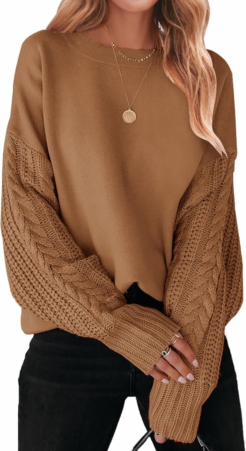 ZESICA Women's 2025 Fall Long Sleeve Crew Neck Solid Color Cable Knit Chunky Casual Oversized Pullover Sweater Tops