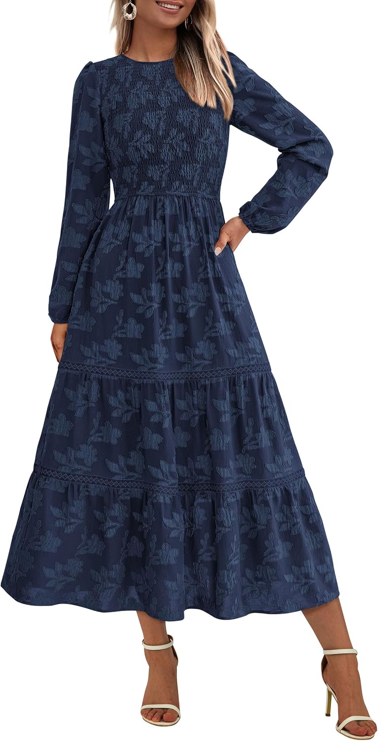 PRETTYGARDEN Long Sleeve Dress for Women 2025 Fall Elegant Modest Floral Boho Smocked Flowy Wedding Guest Midi Dresses