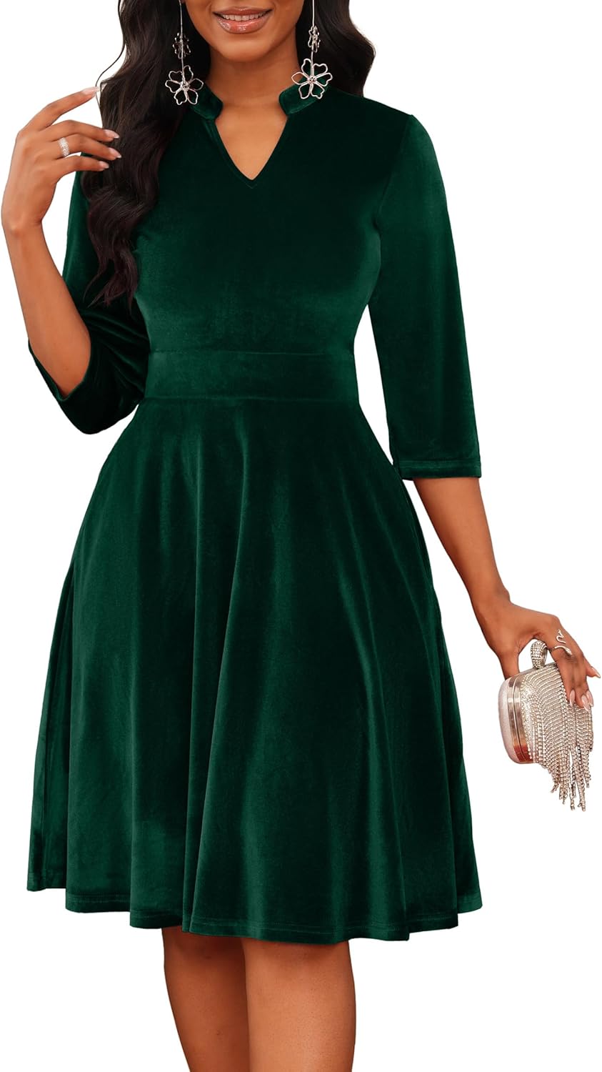 Nmoder Casual Dresses for Women Semi Formal Fit and Flare 3/4 Sleeve A-line Church Work Dress with Pockets