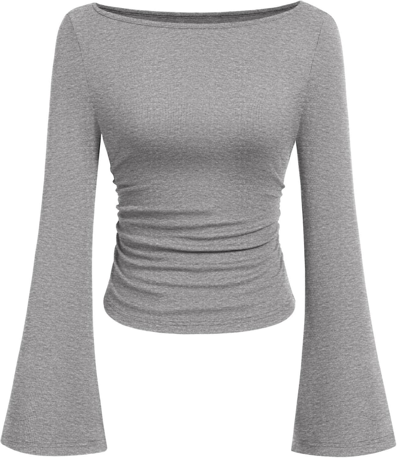 PRETTYGARDEN Women's Long Sleeve Shirts 2025 Fall Crop Going Out Tops Casual Boat Neck Bell Sleeve Ribbed Ruched Y2K Clothes