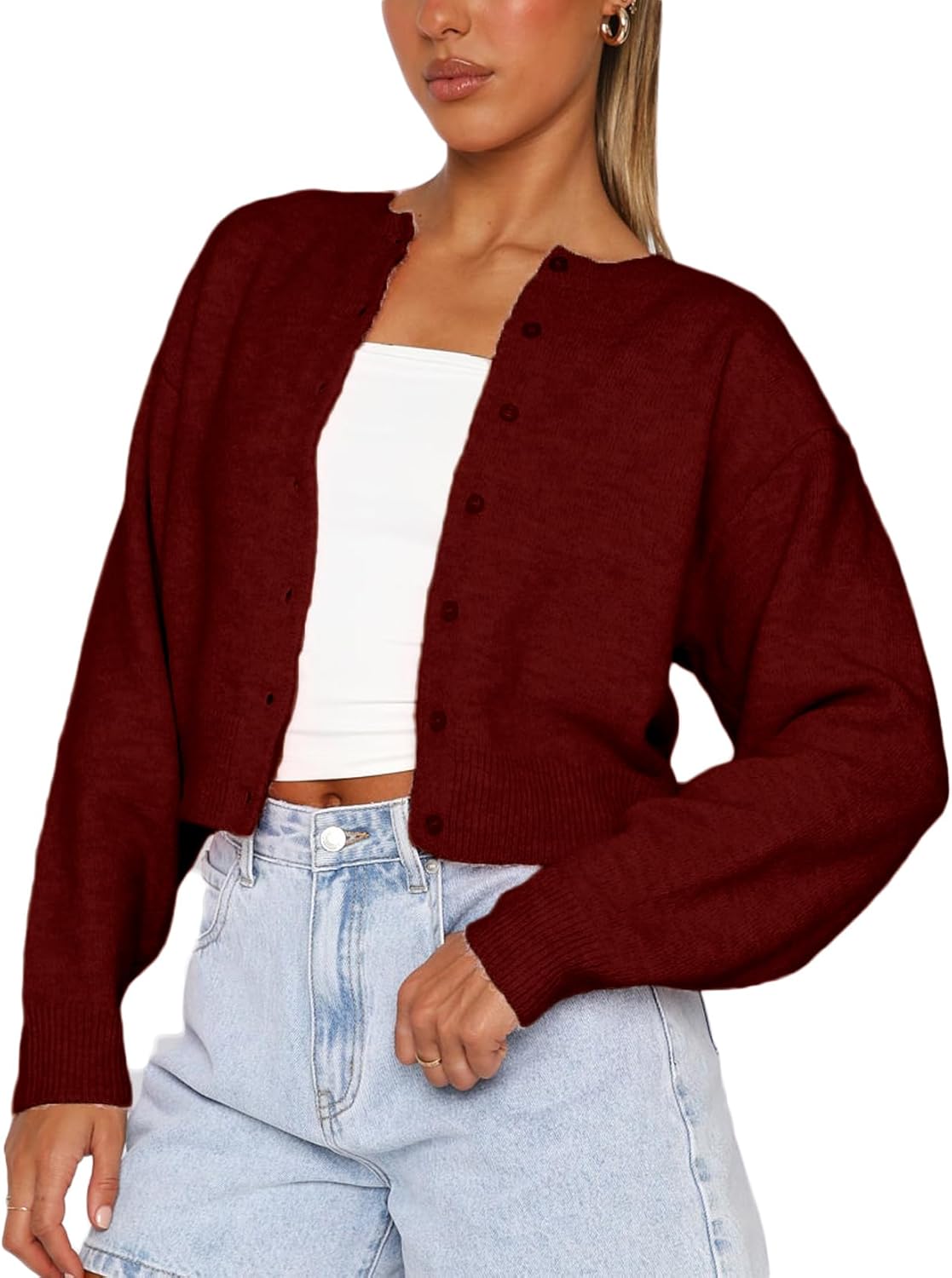 Women Y2K Button Front Crop Sweater Cardigan Solid Color Crew Neck Long Sleeve Knit Fall Tops Streetwear