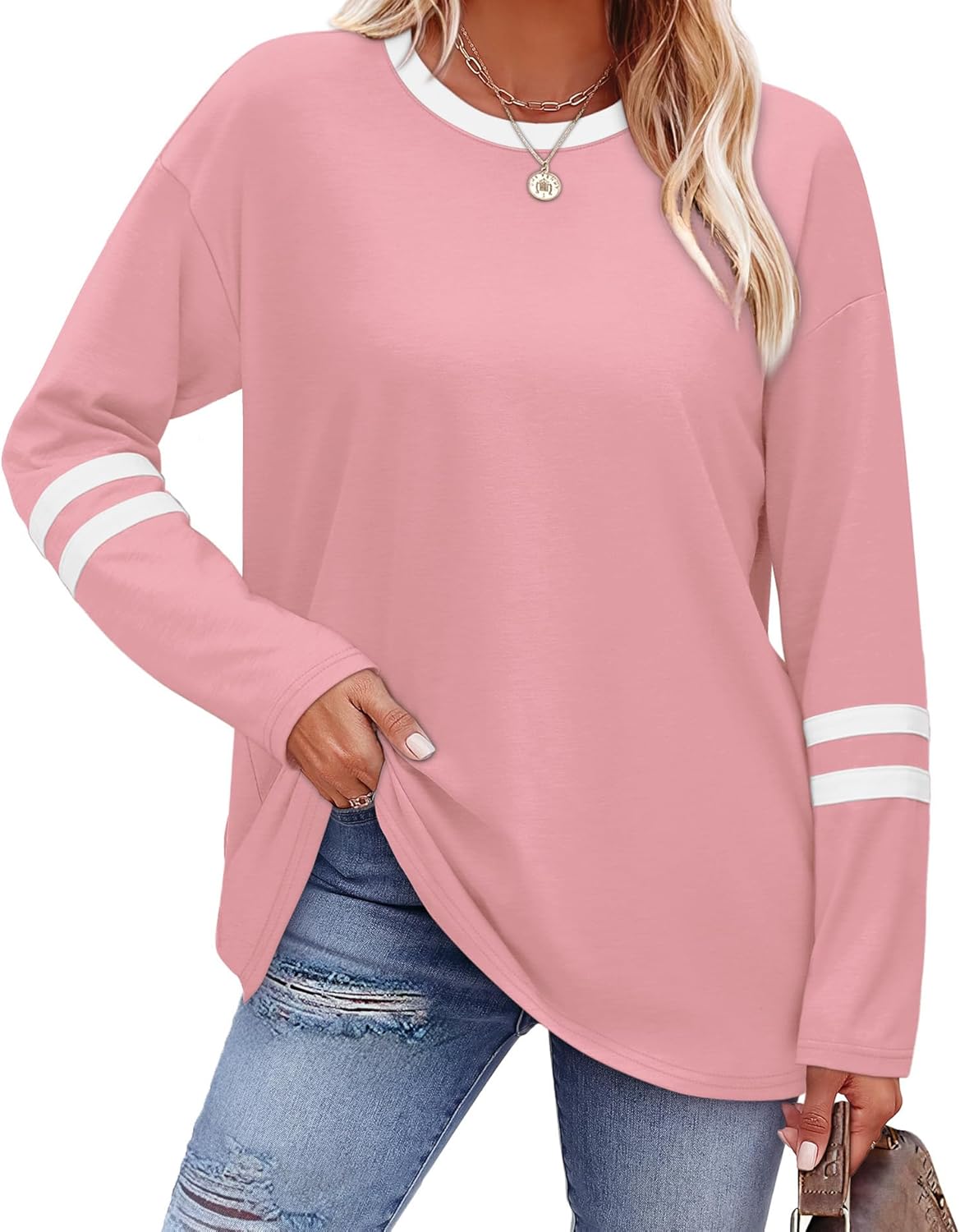 Sampeel Long Sleeve Shirts for Women Color Block Casual Tops Fall Outfits 2025 Basic Tees Trendy Clothes