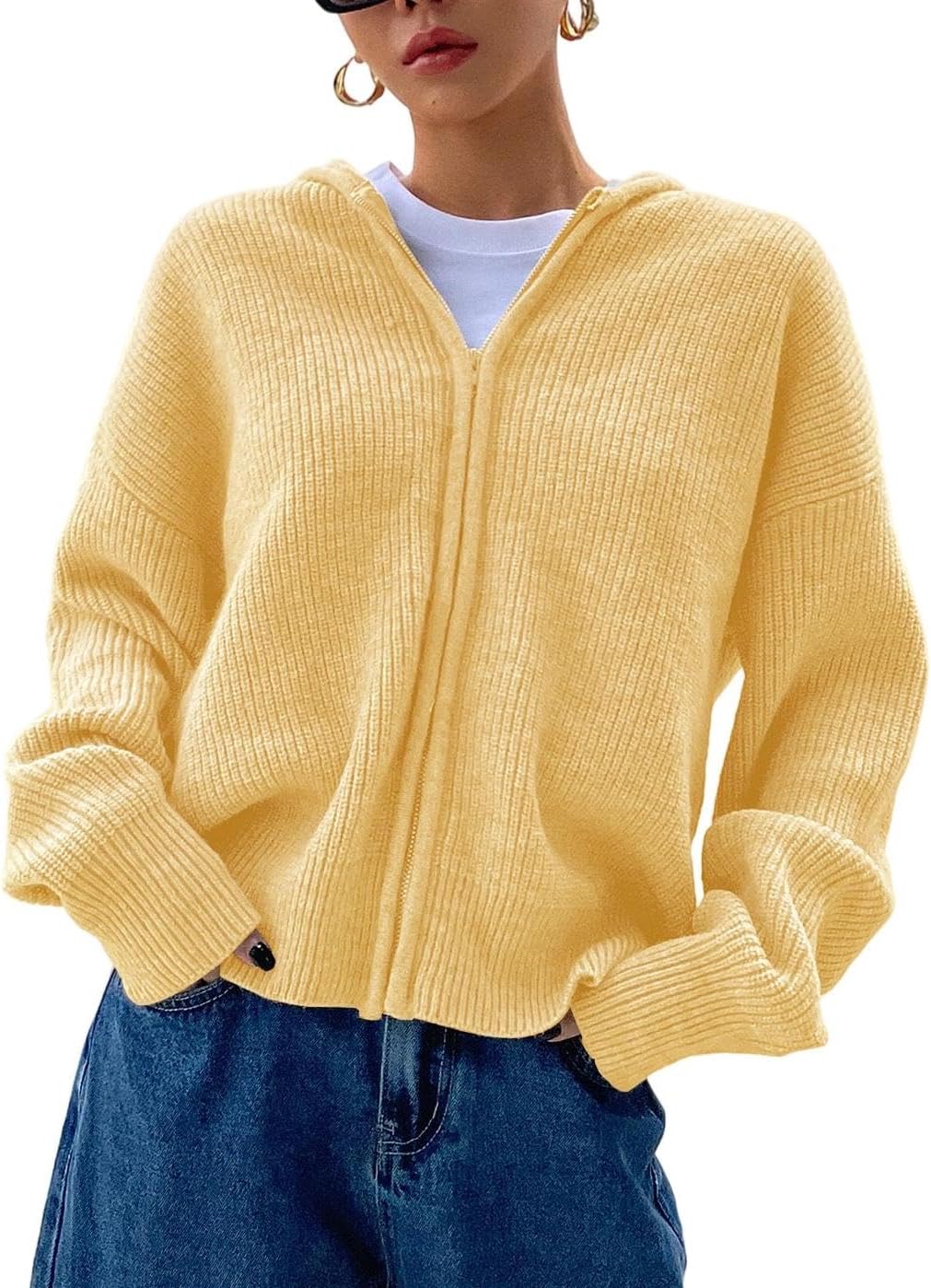 SOLY HUX Zip Up Cardigan for Women Hooded Cardigan Sweater Knitted Drop Shoulder Fall Clothes Winter Hoodies Outerwear