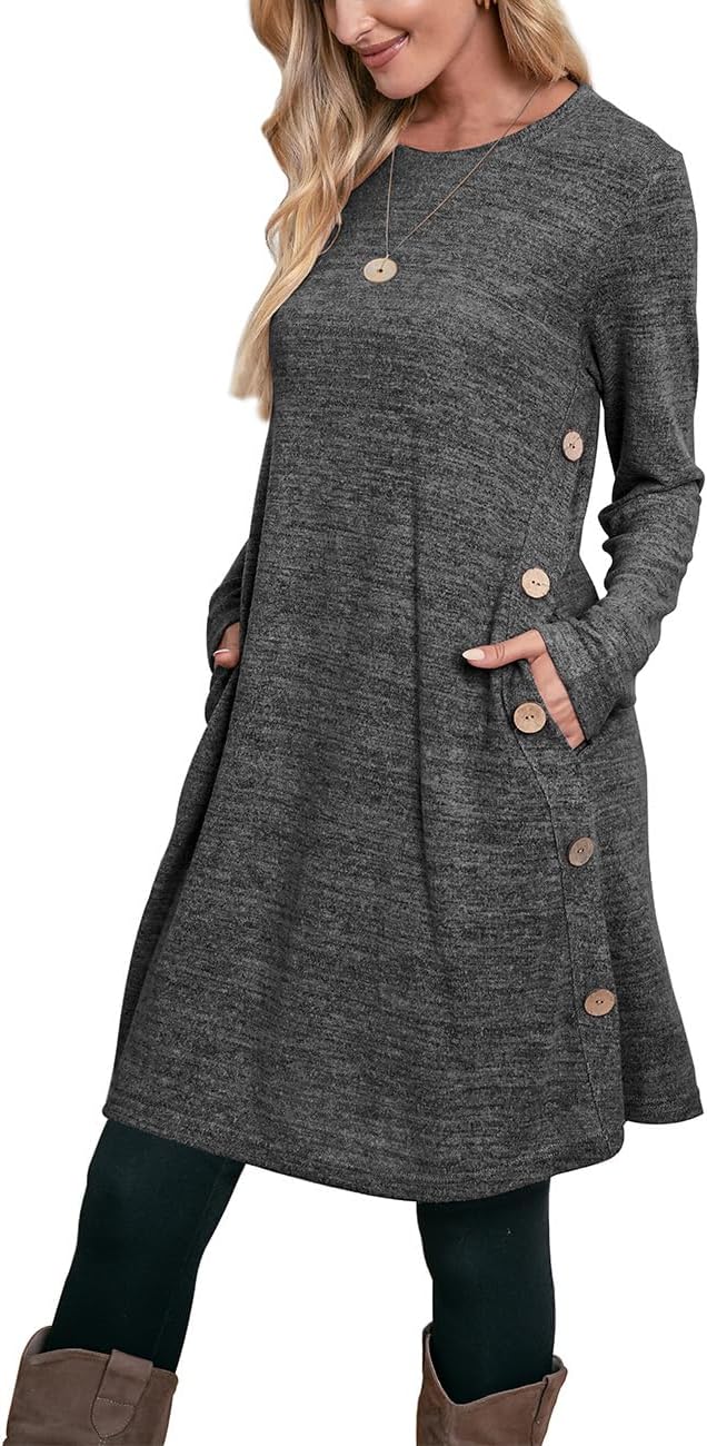 OFEEFAN Long Sleeve Dress for Women Crew Neck Tunic Dress with Pockets Buttons Side