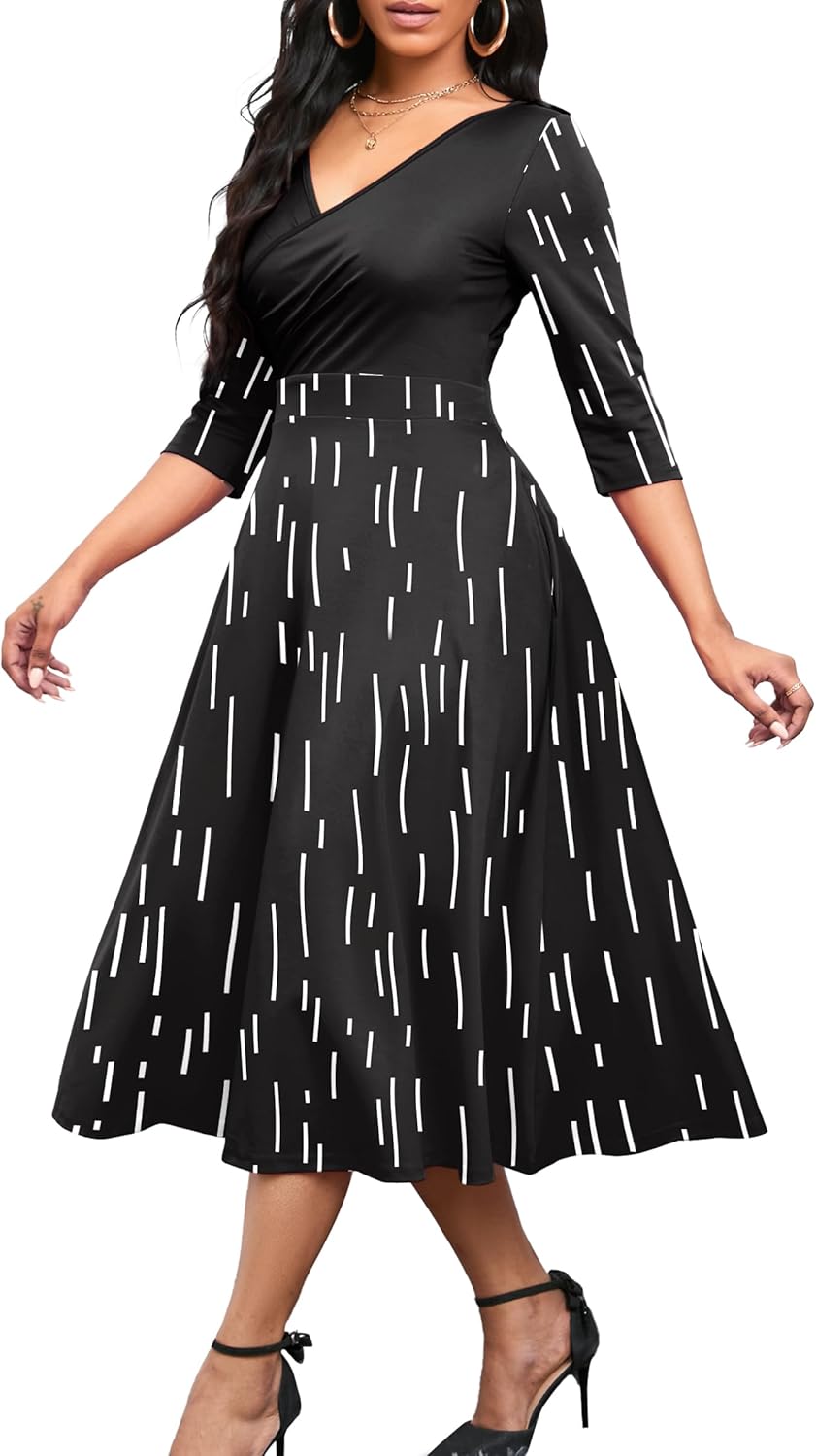 Nmoder Women's Casual Wrap Flared Midi Dress Wedding Guest Cocktail Tea Dresses A-Line Swing V-Neck 3/4 Sleeve