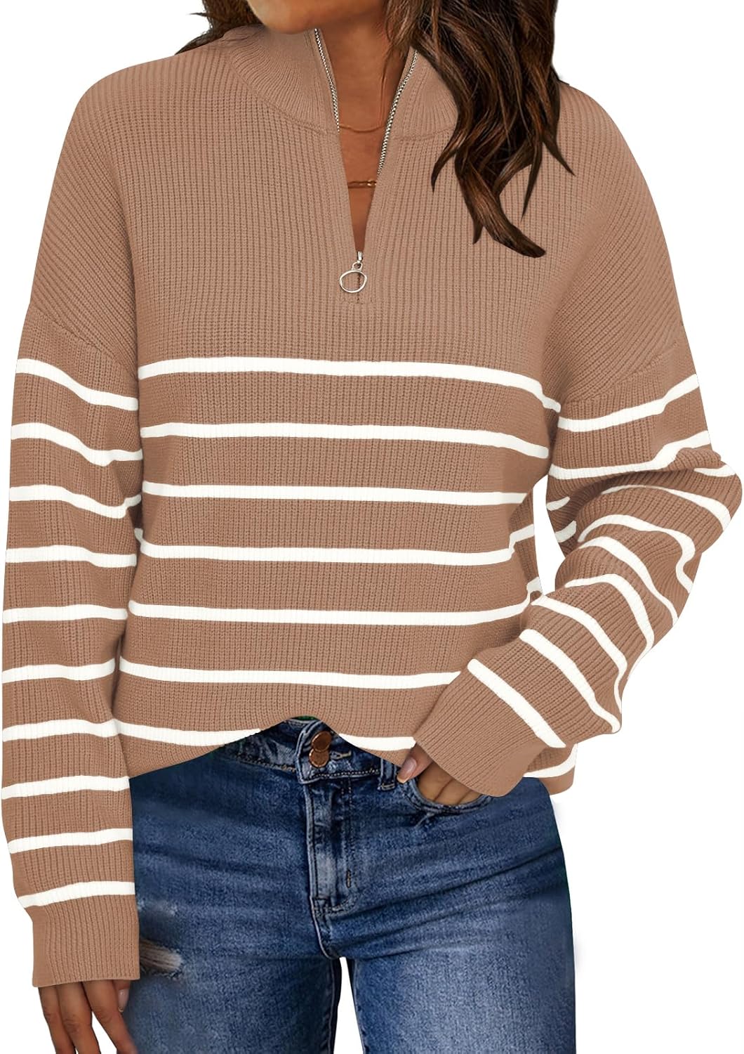 LILLUSORY Women's Quarter Zip Striped Oversized Sweater 2025 Mock Turtleneck Fall Fashion Outfit