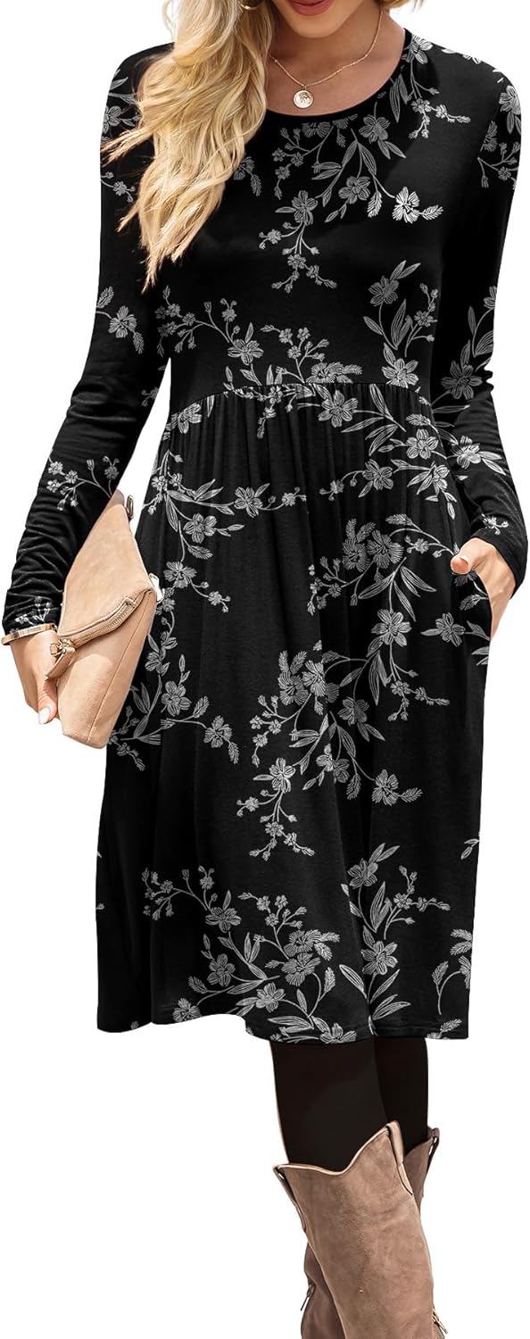 DB MOON Women Casual Long Sleeve Dresses Empire Waist Knee Length Loose Dress with Pockets