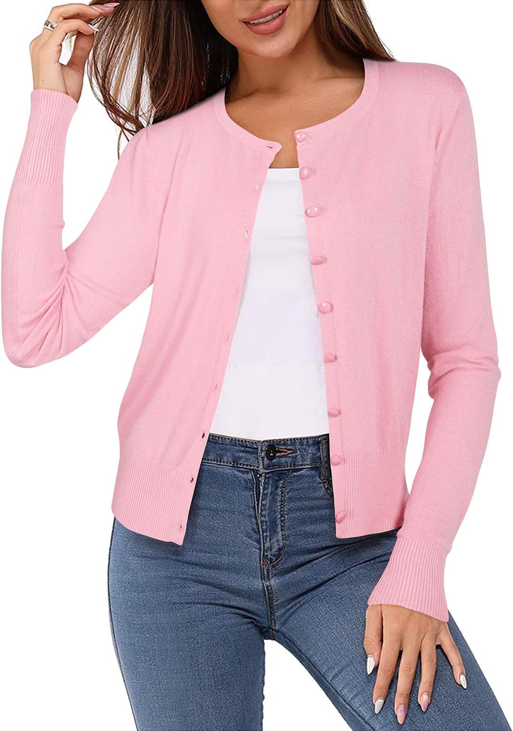 Newshows Women's Lightweight Button Down Cardigan Long Sleeve Casual Crew Neck Soft Knit Cardigans Sweater Tops