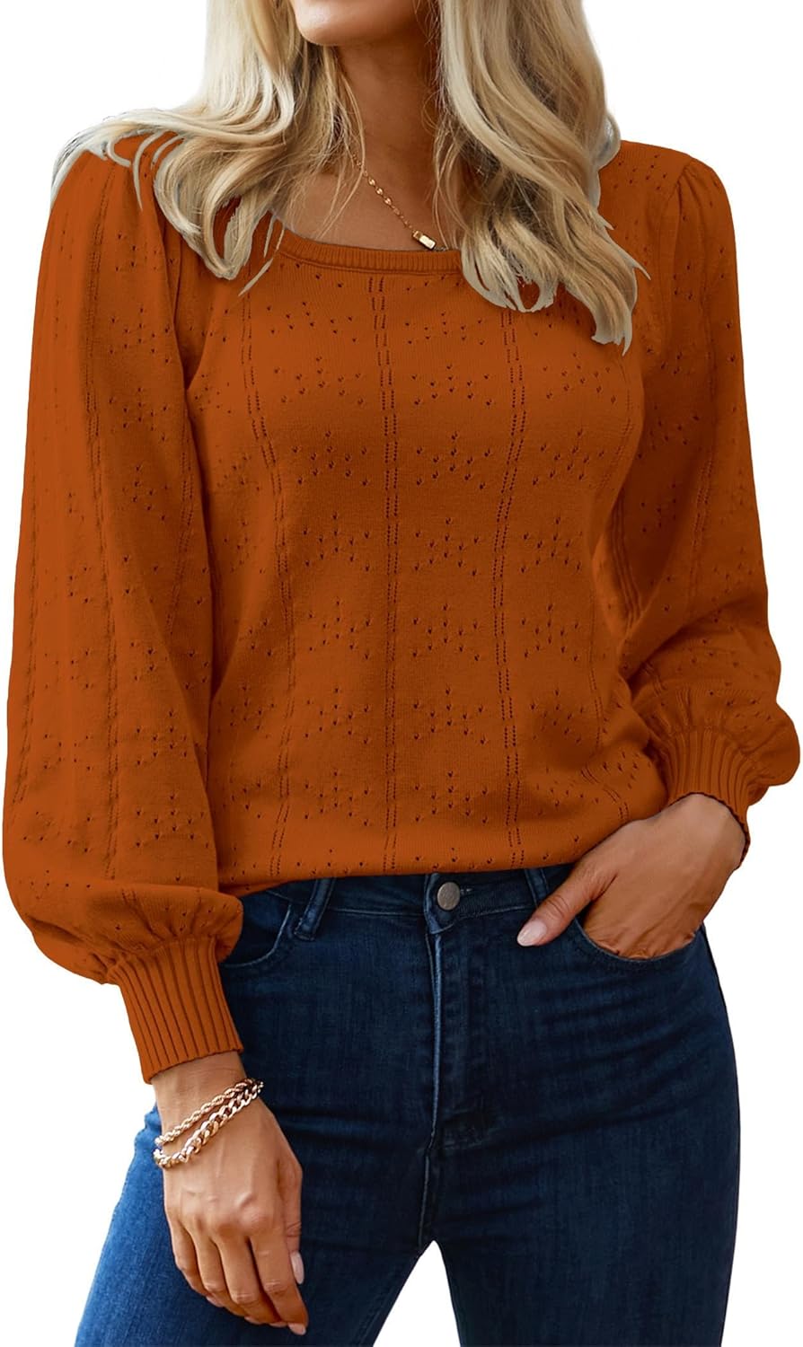 HOTOUCH Sweaters for Women 2025 Fall Trendy Tops Casual Puff Sleeve Square Neck Cute Tunic Pullover Blouses XS-XXL