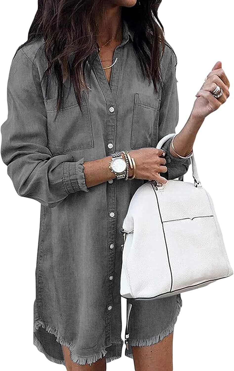 Zilcremo Women Denim Shirt Dresses Long Sleeve Distressed Jean Dress Button Down Casual Tunic Top